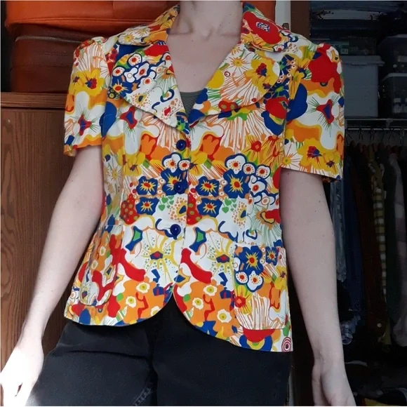 70s Handmade Floral Blazer Jacket / Top Groovy Pop Art Psychedelic Colorful - Picture 7 of 16